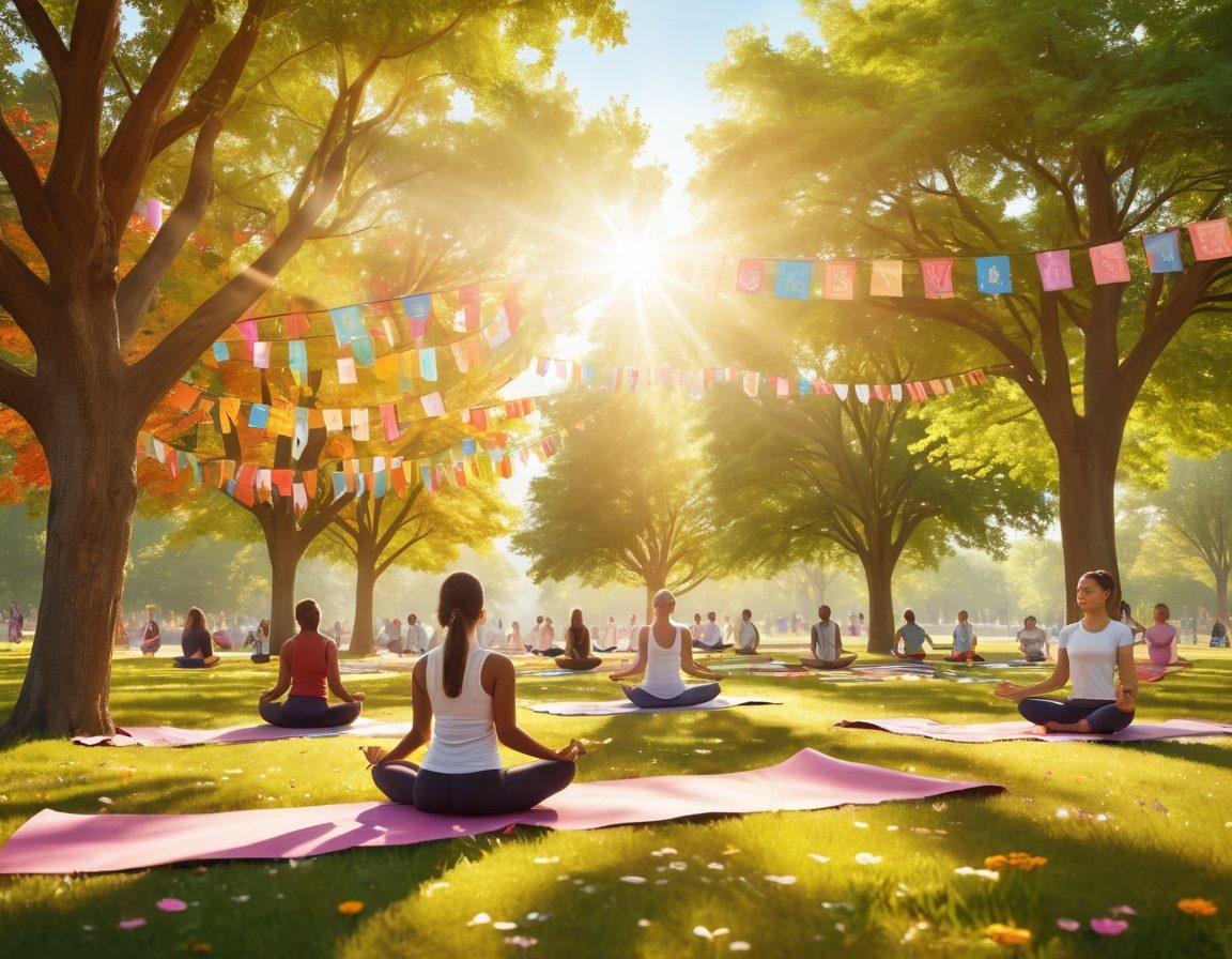 A serene landscape depicting a diverse group of people engaging in supportive activities, such as group yoga and meditation in a sunlit park, with colorful banners promoting wellness and community support. Include symbols of hope like ribbons and blooming flowers, with soft light filtering through trees to create a peaceful atmosphere. Vibrant colors. 3D.
