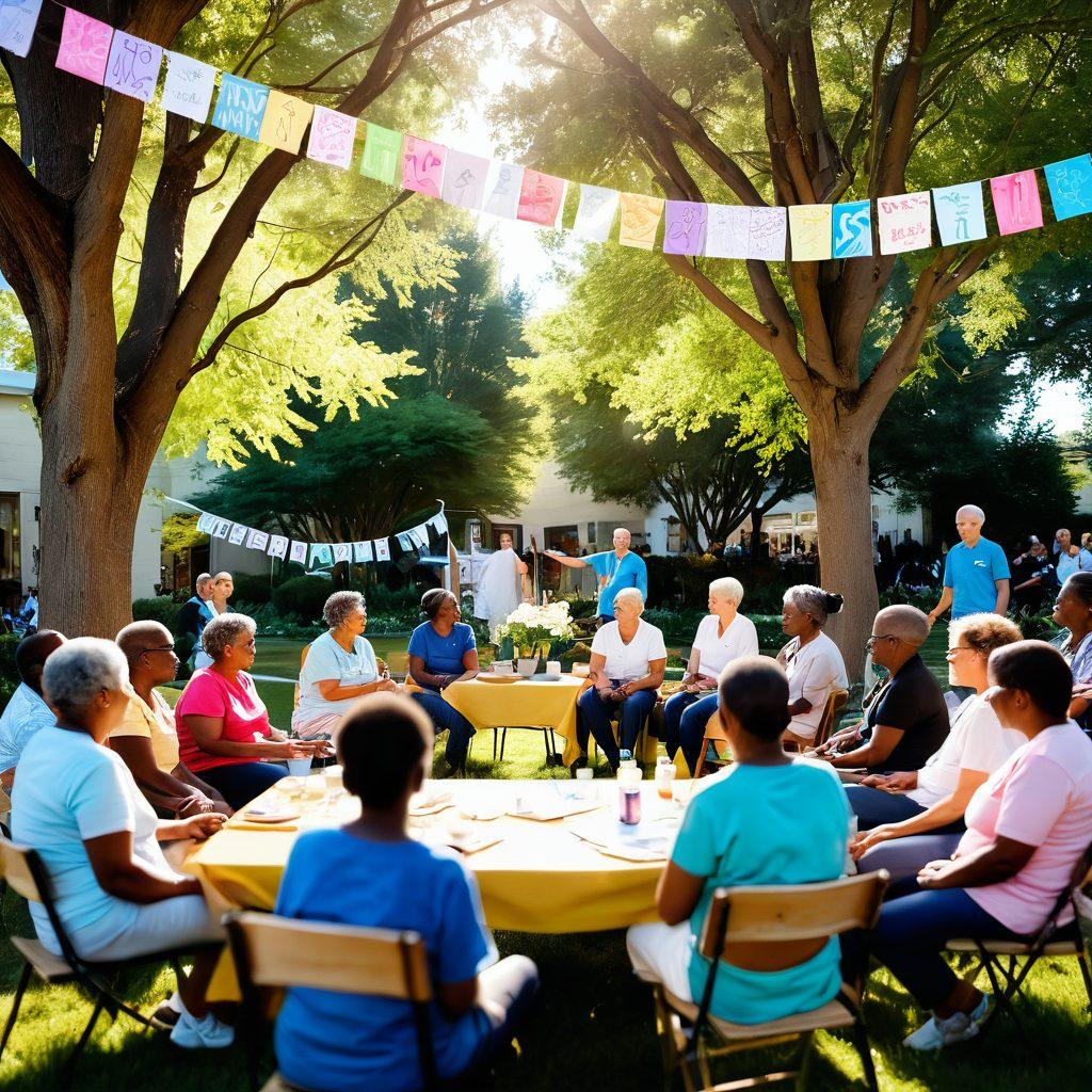 A serene community gathering scene showcasing cancer patients and their families, engaging in supportive activities like art therapy and group discussions, surrounded by vibrant banners with hopeful messages of resilience. Soft sunlight filtering through leafy trees, creating a warm and inviting atmosphere. Portraits of diverse individuals reflecting strength and unity. super-realistic. vibrant colors. soft focus.