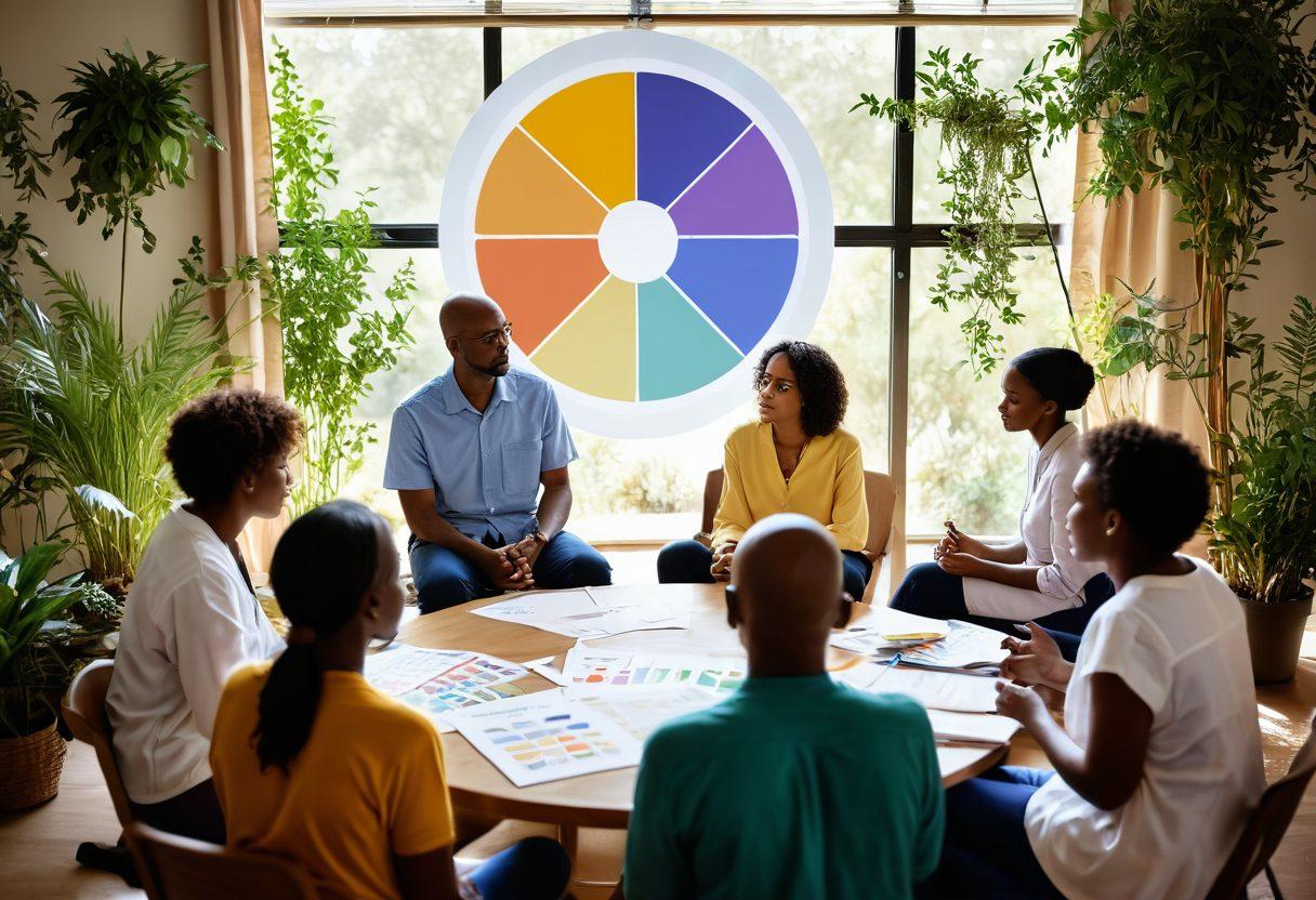 A serene landscape depicting a group of diverse individuals engaged in a collaborative circle, sharing experiences about cancer treatment and support. One person holds a colorful chart of integrative strategies, while another listens intently, symbolizing patient advocacy. Surrounding them are plants and gentle sunlight, creating a hopeful and uplifting atmosphere. The background features soft, pastel colors that evoke healing and togetherness. vibrant colors. super-realistic.